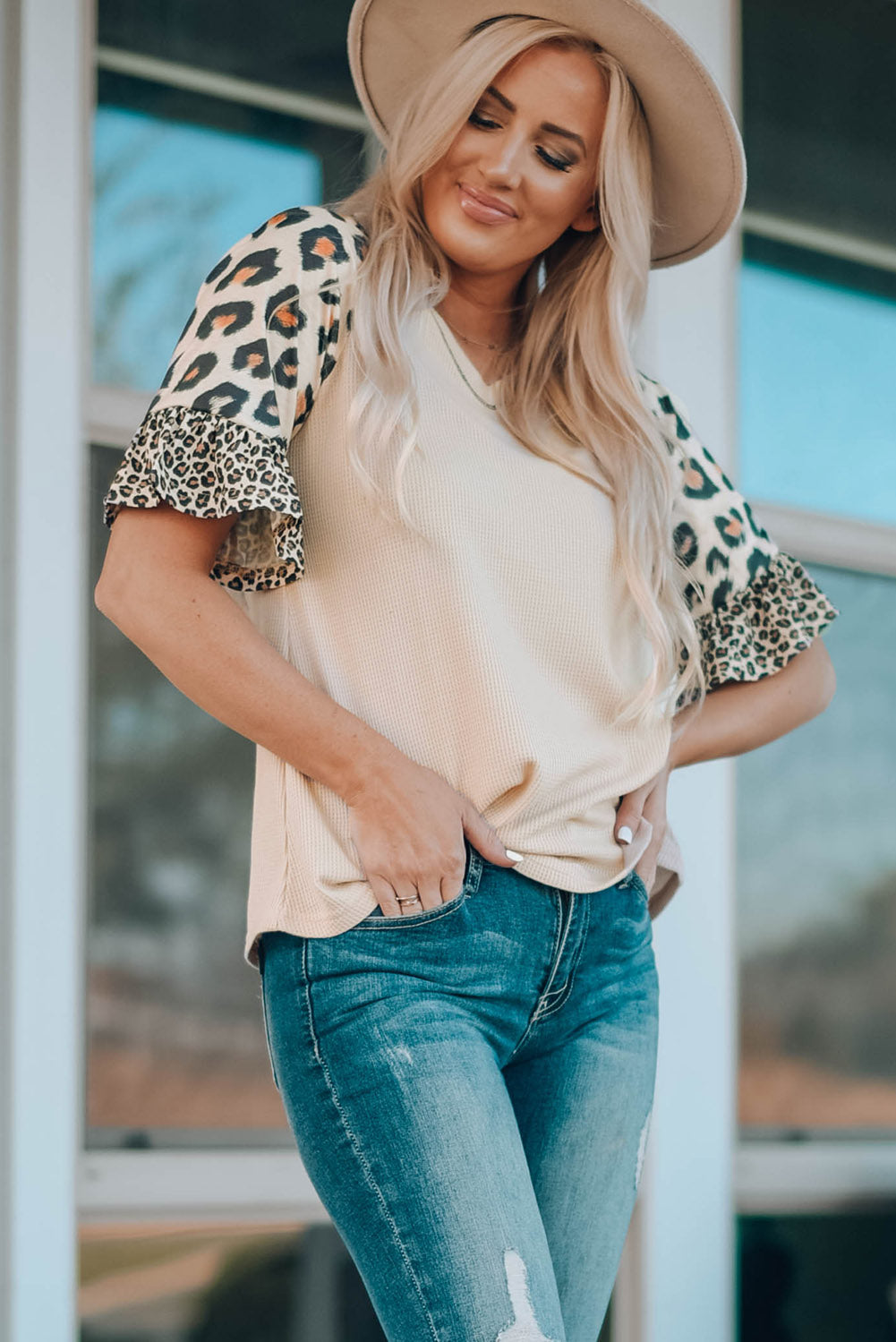 Mixed Leopard Ruffle Sleeve Waffle Knit Top