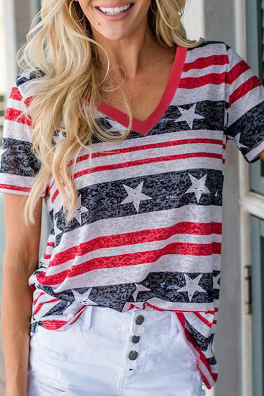 Star and Stripe Print V-Neck Casual T-Shirt