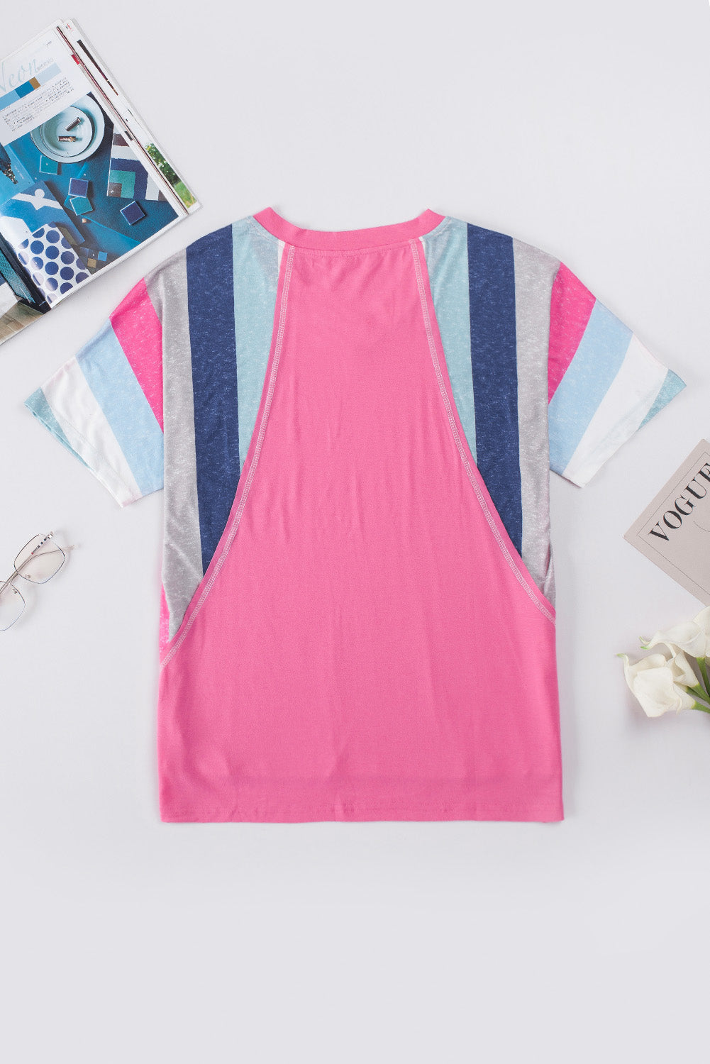 Pink White Stripe Patchwork V Neck T Shirt