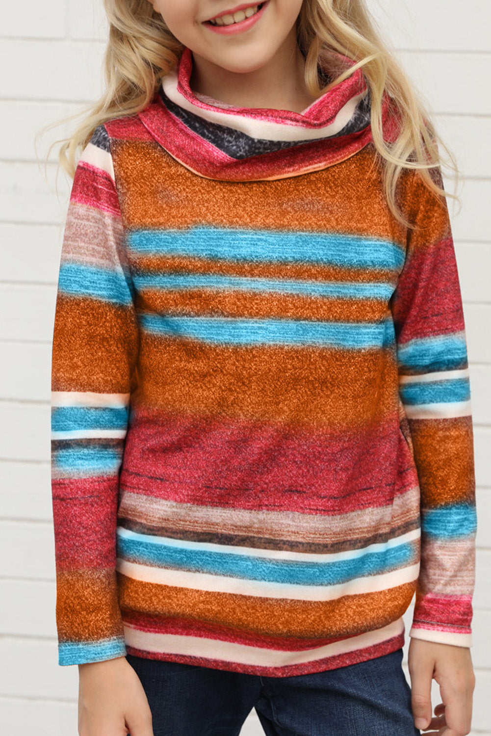 Multicolor Cowl Neck Girl's Striped Sweatshirt