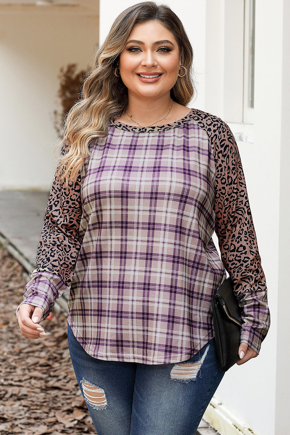 Chestnut Plus Size Leopard Raglan Sleeve Plaid Top