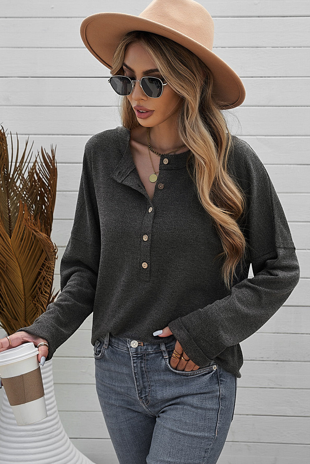 Gray Buttoned Loose Long Sleeve Shirt