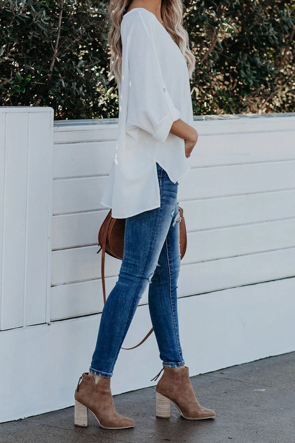 White V Neck 3/4 Sleeve High Low Hem Shirt