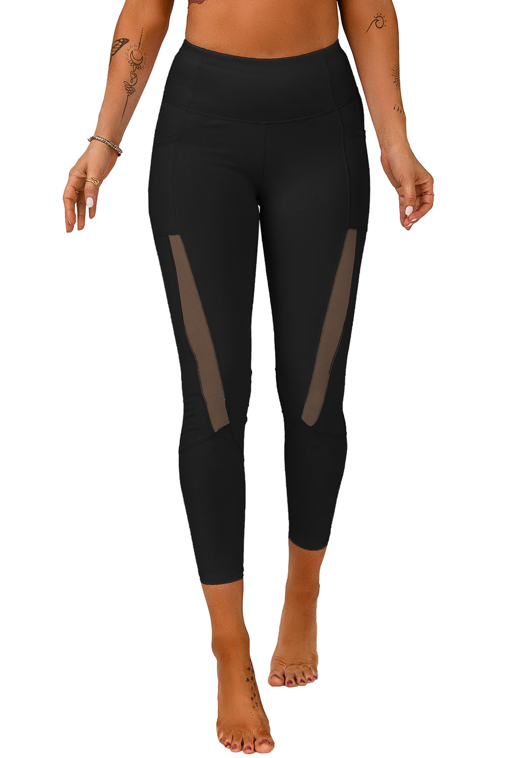 Mesh Side Splicing High Waist Yoga Sports Leggings with Phone Pocket