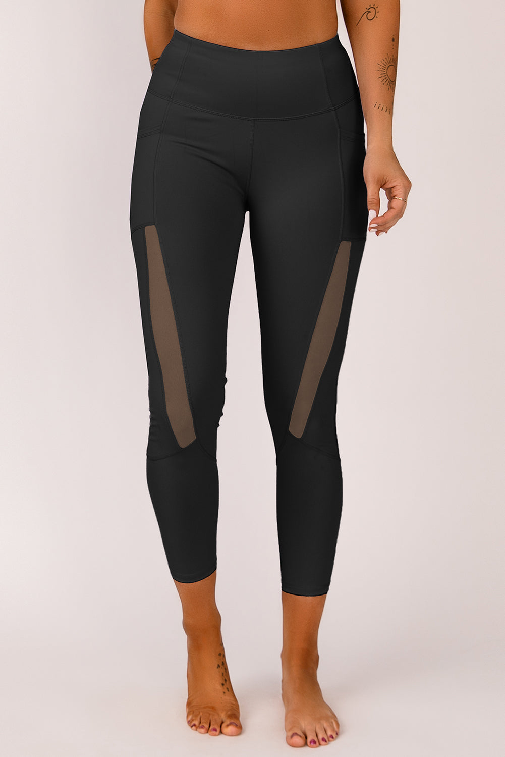 Mesh Side Splicing High Waist Yoga Sports Leggings with Phone Pocket