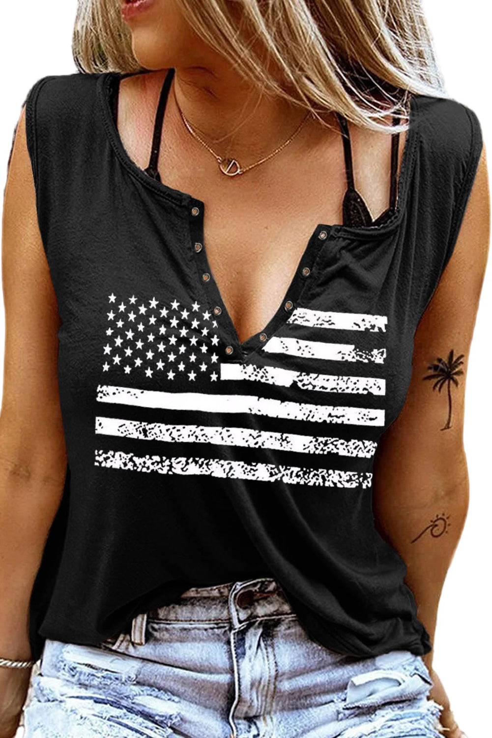 American Flag Print Split V Neck Sleeveless Top