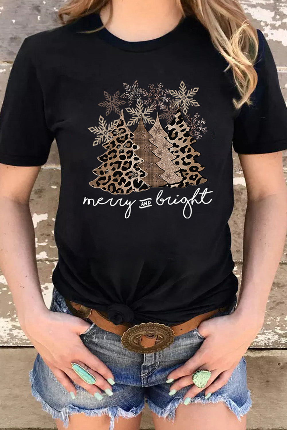 Leopard Christmas Tree Graphic Print Crew Neck T Shirt