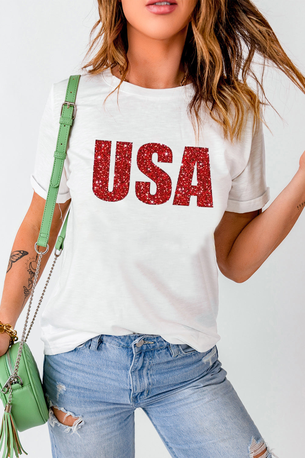 USA Glitter Pattern Print Short Sleeve T Shirt