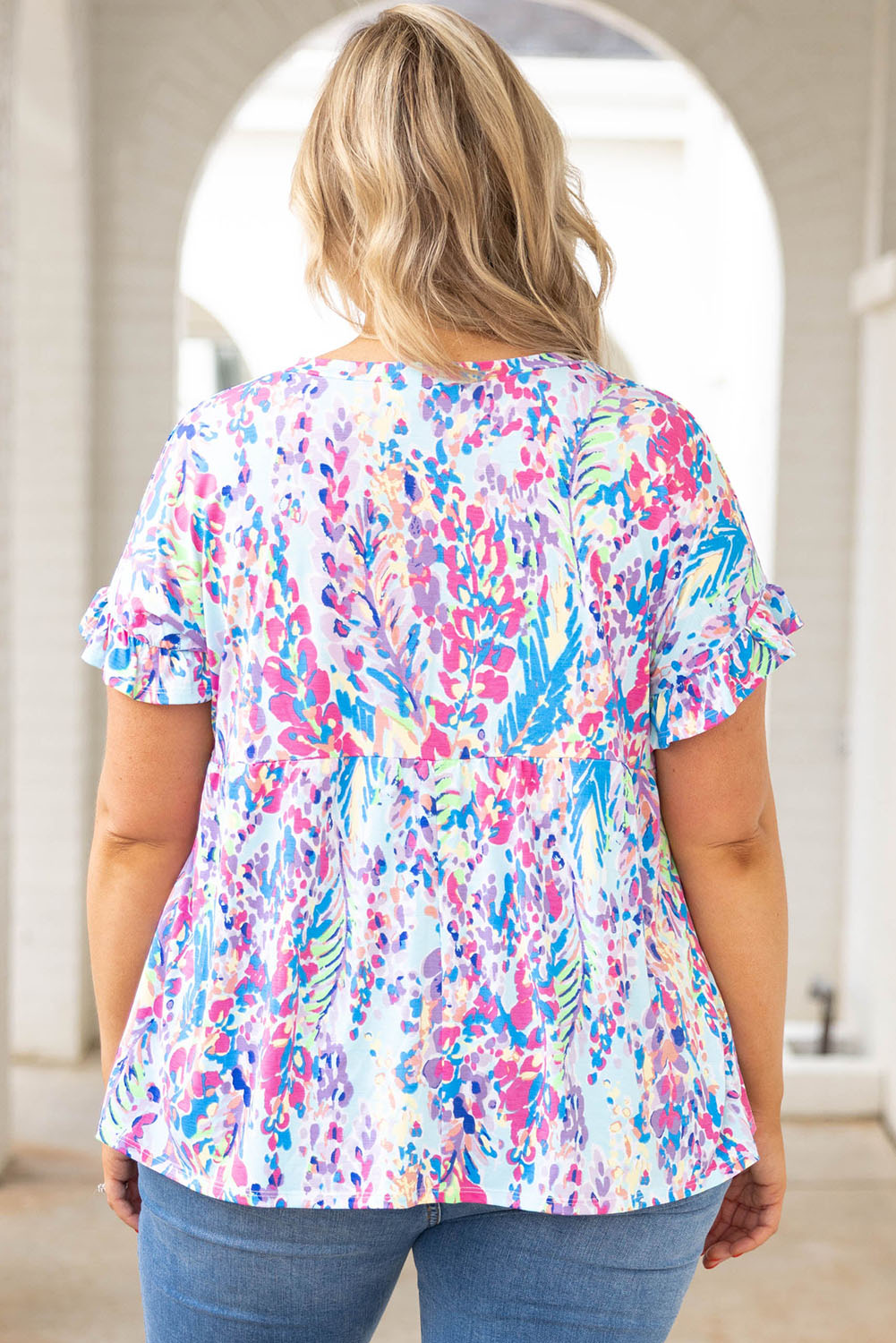 Vibrant Botanical Print Frill Short Sleeve Plus Size Top