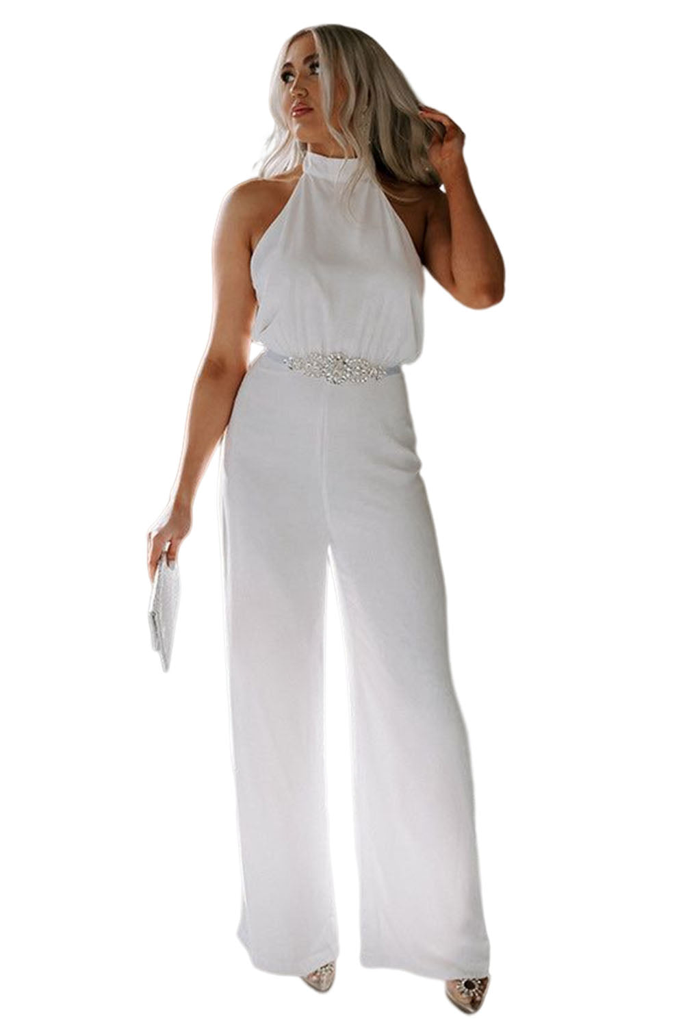 Button Halterneck Elegant Wide Leg Jumpsuit