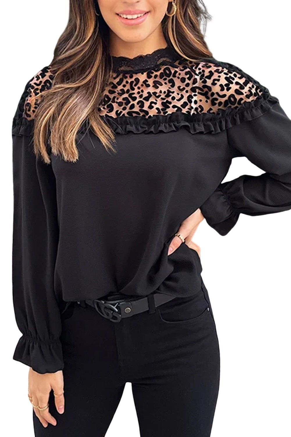 Black Leopard Mesh Splicing Ruffle Long Sleeve Blouse