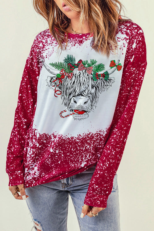 Christmas Cow Bleach Print Long Sleeve Sweatshirt