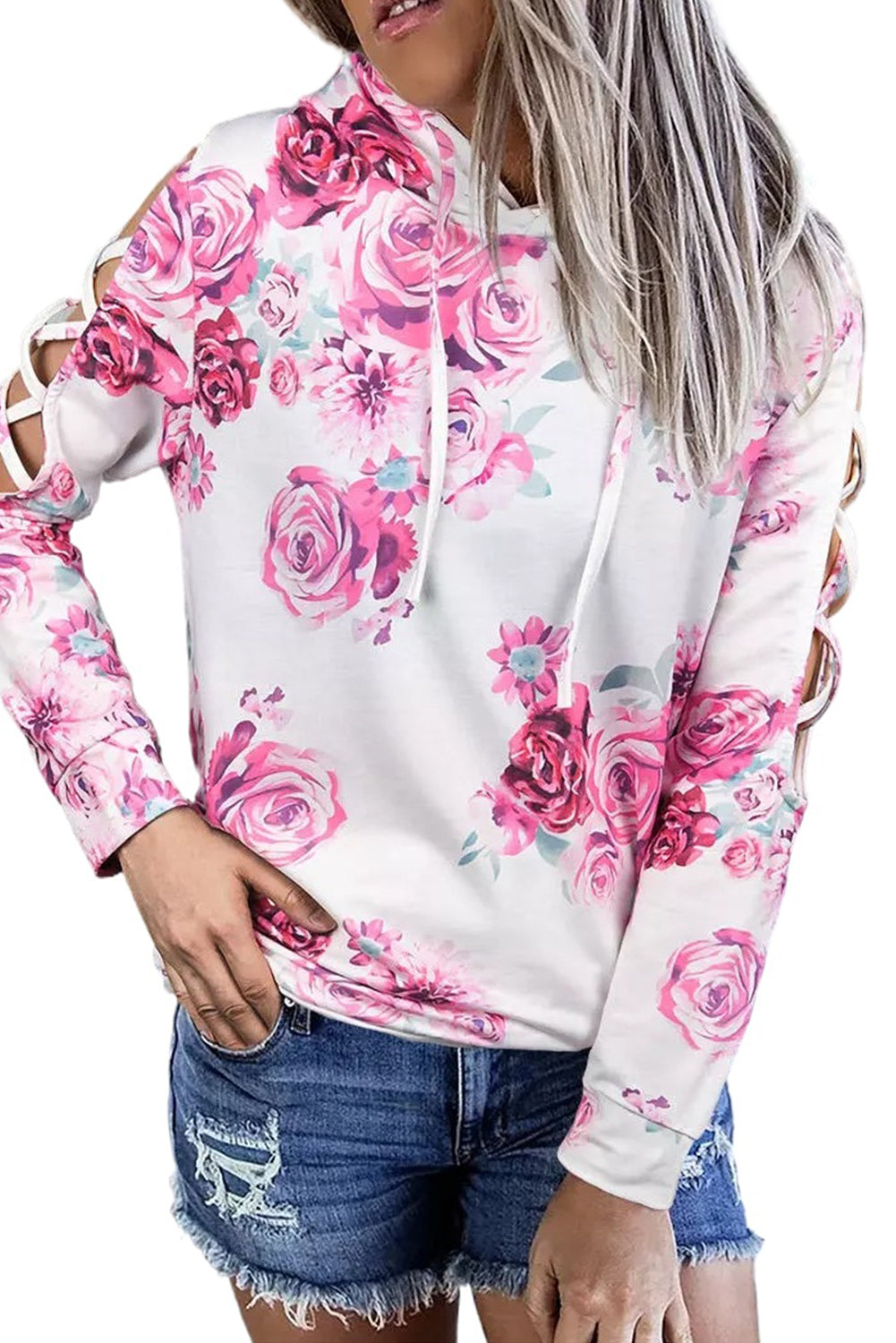 White Floral Print Criss-Cross Cold Shoulder Hoodie