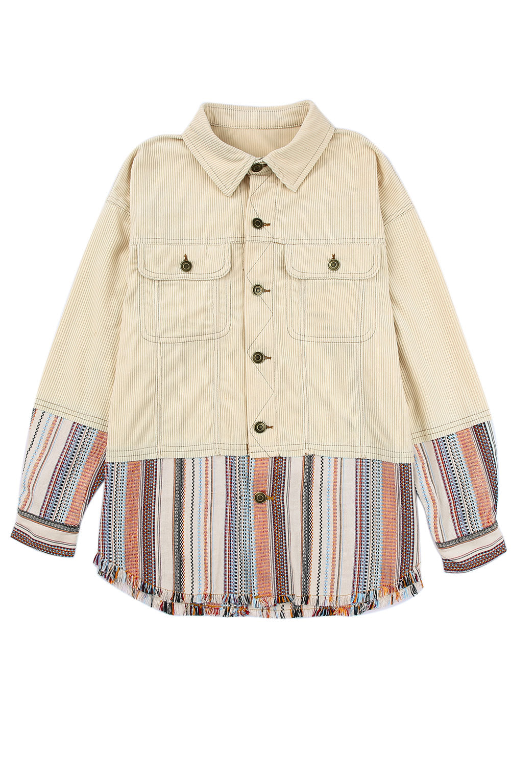 Green Button Up Pockets Striped Color Block Corduroy Jacket