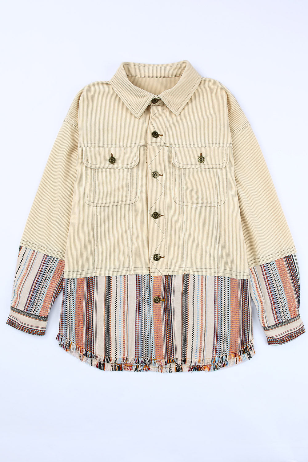 Green Button Up Pockets Striped Color Block Corduroy Jacket