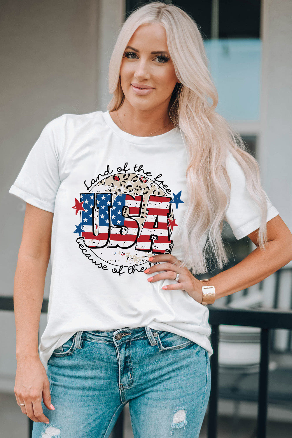 USA Flag Slogan Graphic Print Short Sleeve T Shirt