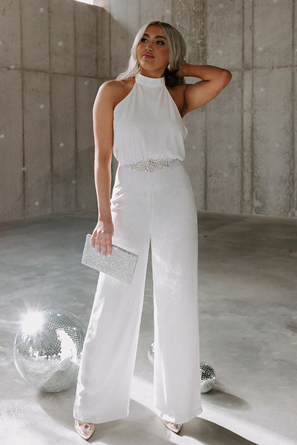 Button Halterneck Elegant Wide Leg Jumpsuit