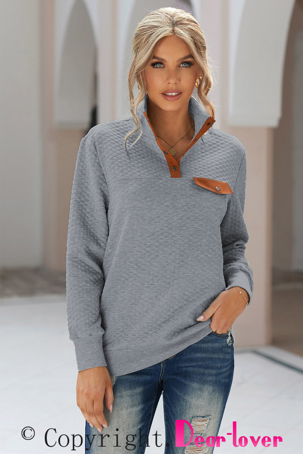 Gray Quilted Snaps Stand Neck Pullover Sweatshirt with Fake Front Pocket