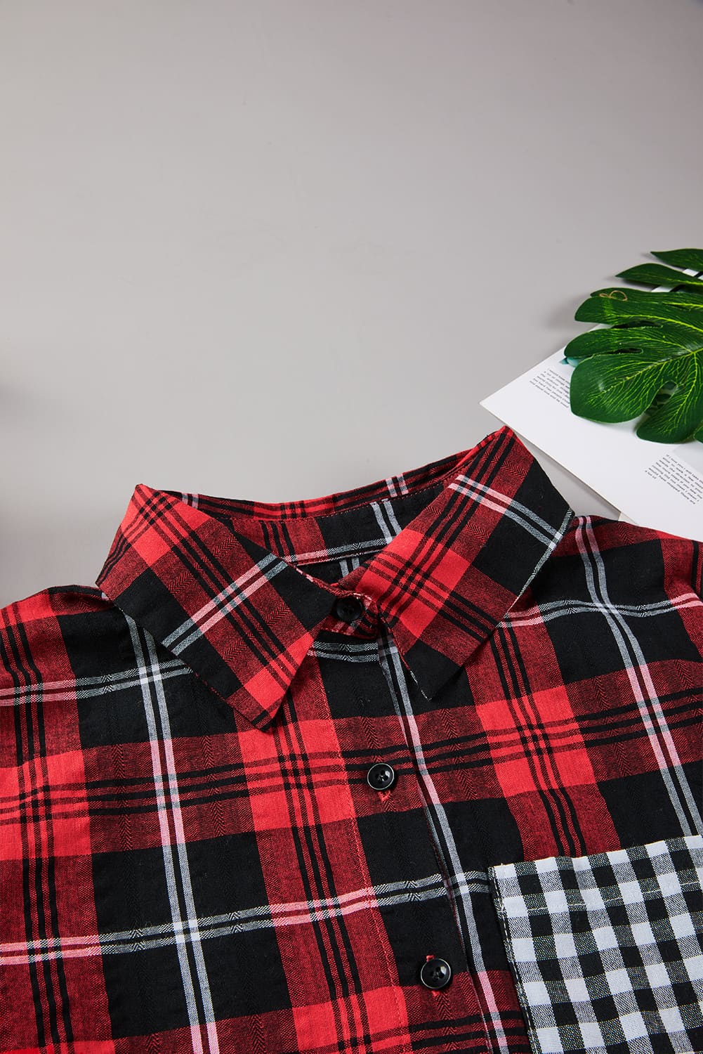 Fiery Red Plaid Splicing Hit Color Pockets Turndown Collar Long Sleeve Shirt