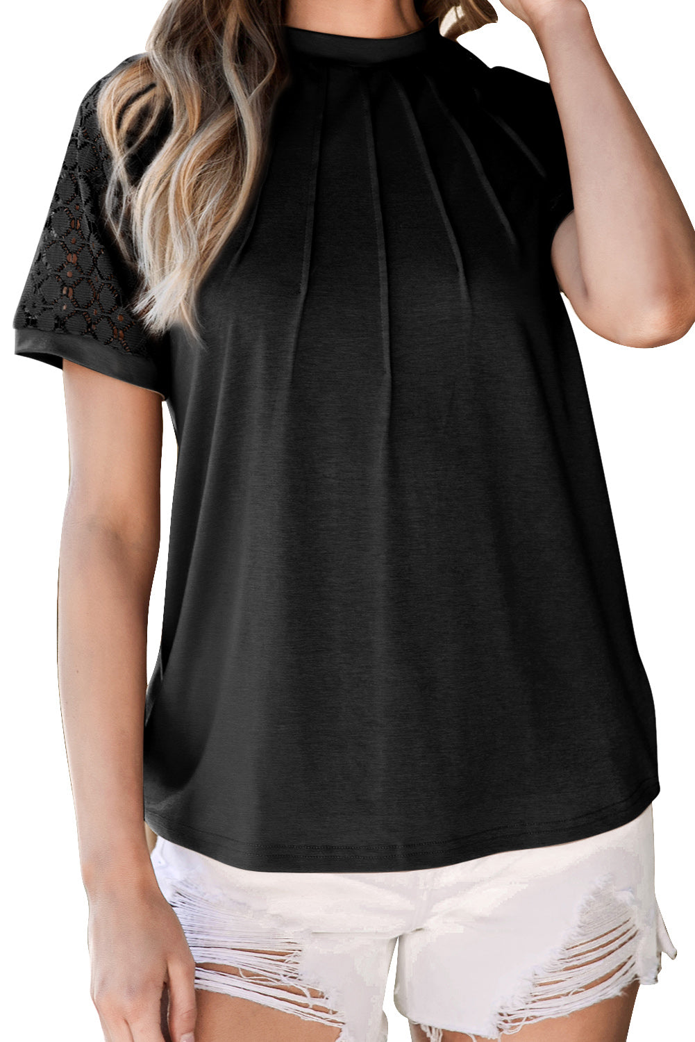 Blackish Green Seamed Detail Contrast Lace Raglan Sleeve Tee