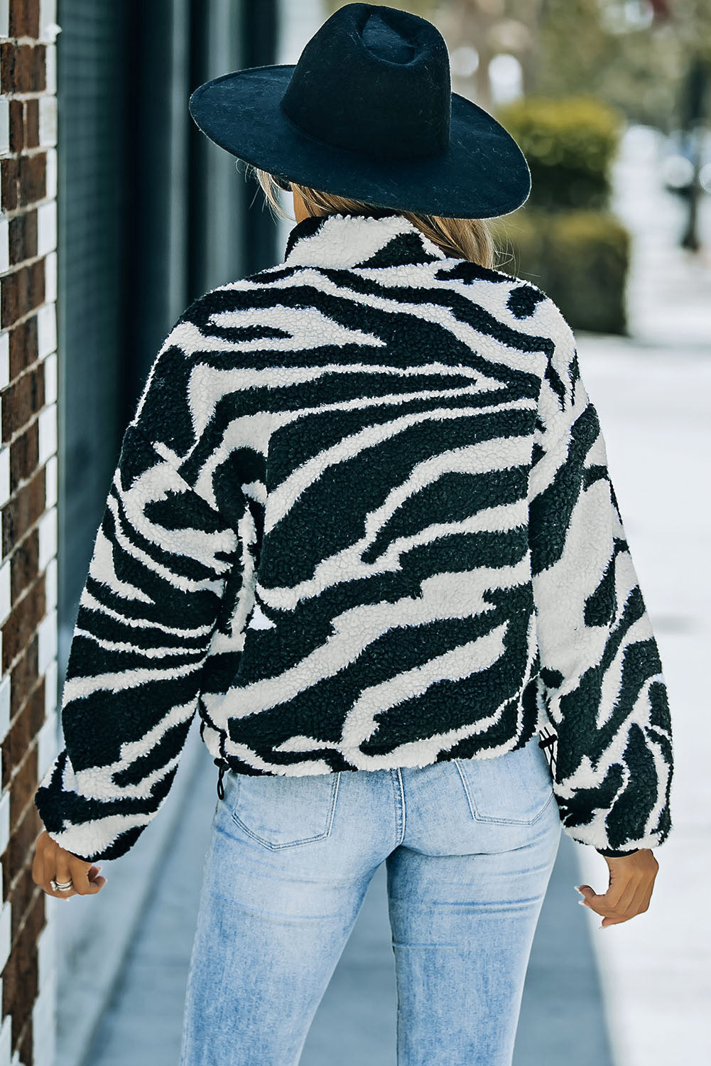 Zebra Teddy Zip-up High Neck Jacket