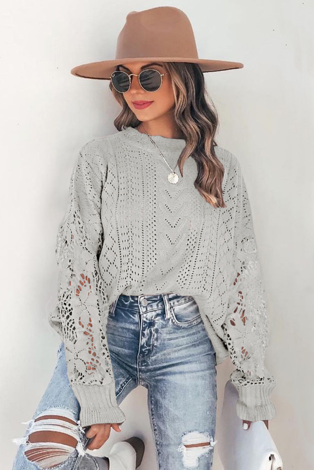 Gray Crochet Lace Pointelle Knit Sweater