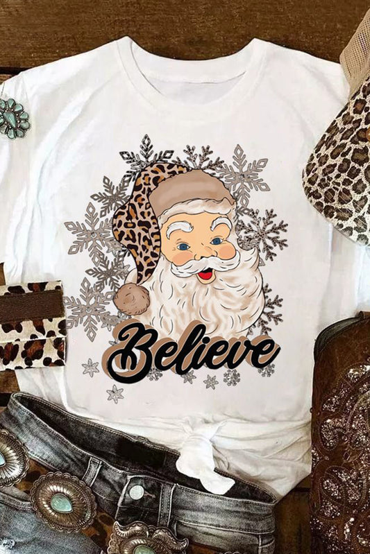 Believe Santa Claus Snowflake Print Crew Neck T Shirt