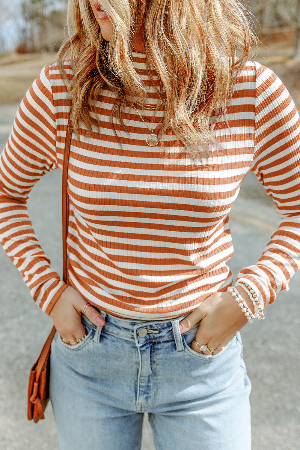 Striped Print Textured Knit Long Sleeve Tee