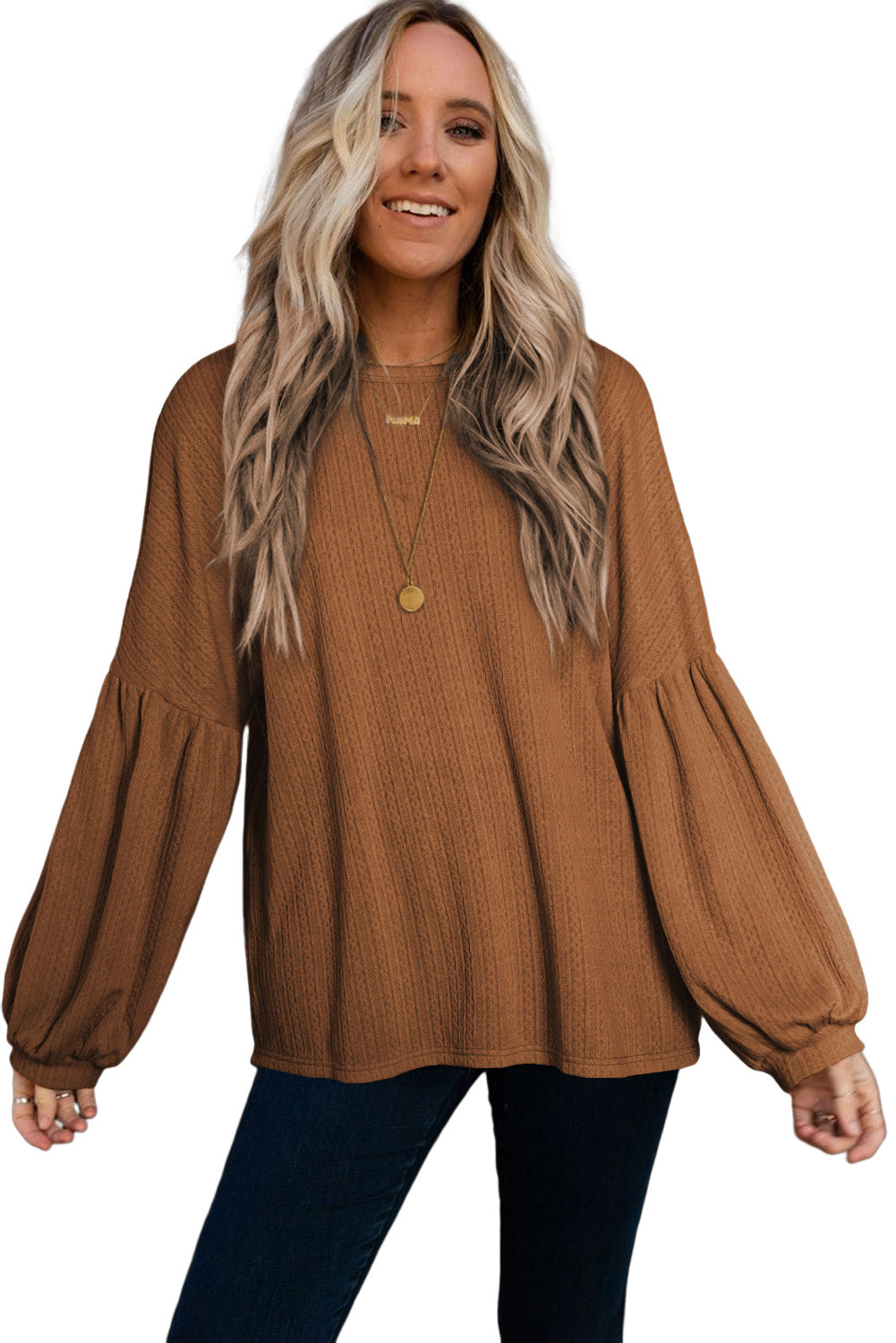 Orange Faux Knit Jacquard Puffy Long Sleeve Top