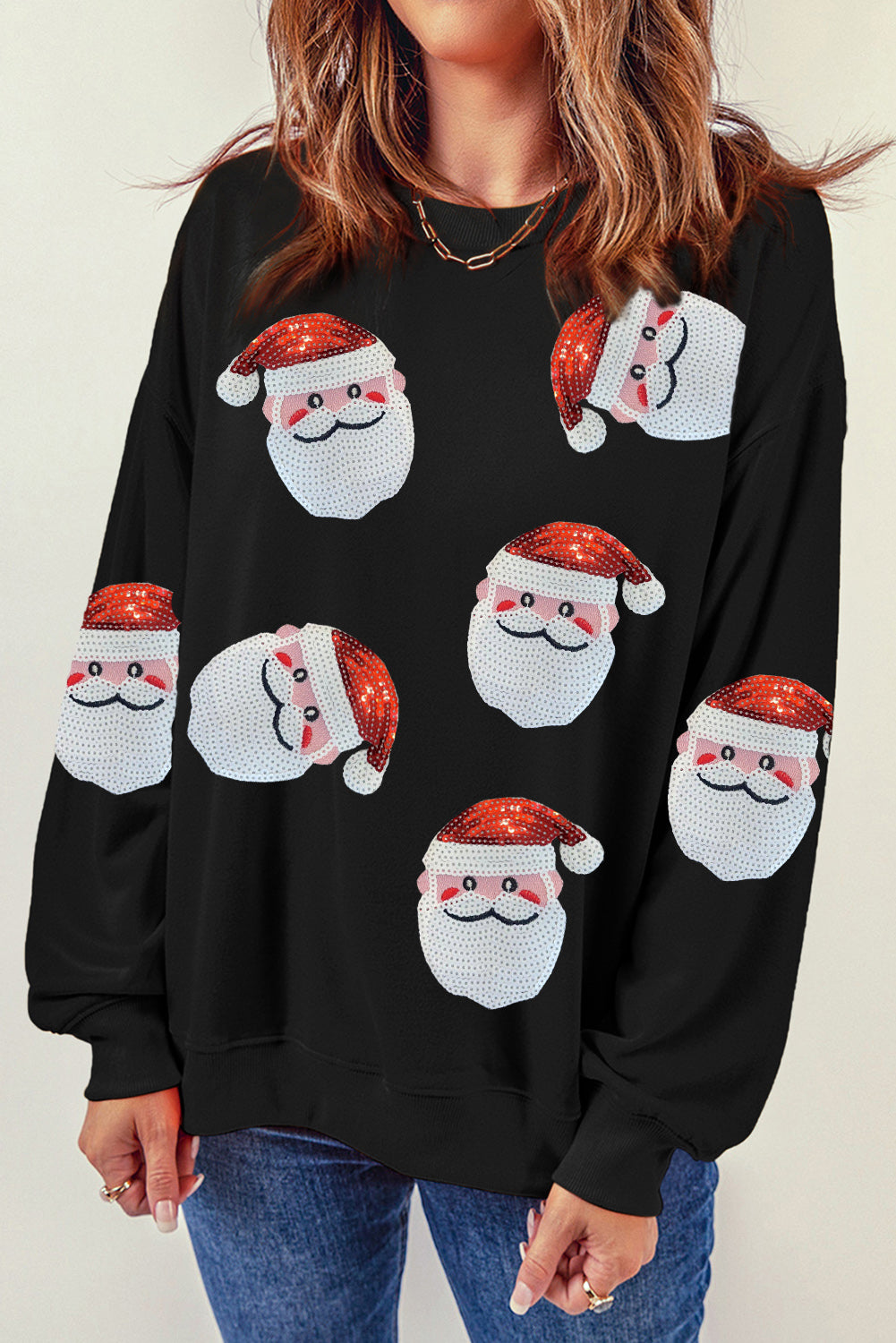 Fiery Red Santa Claus Sequin Graphic Sweatshirt