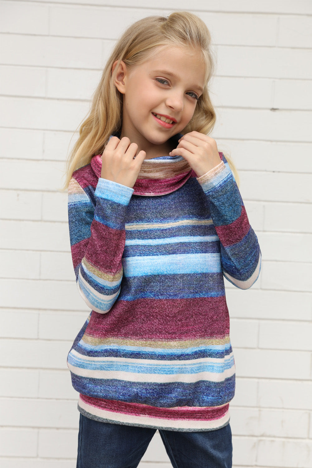 Multicolor Cowl Neck Girl's Striped Sweatshirt