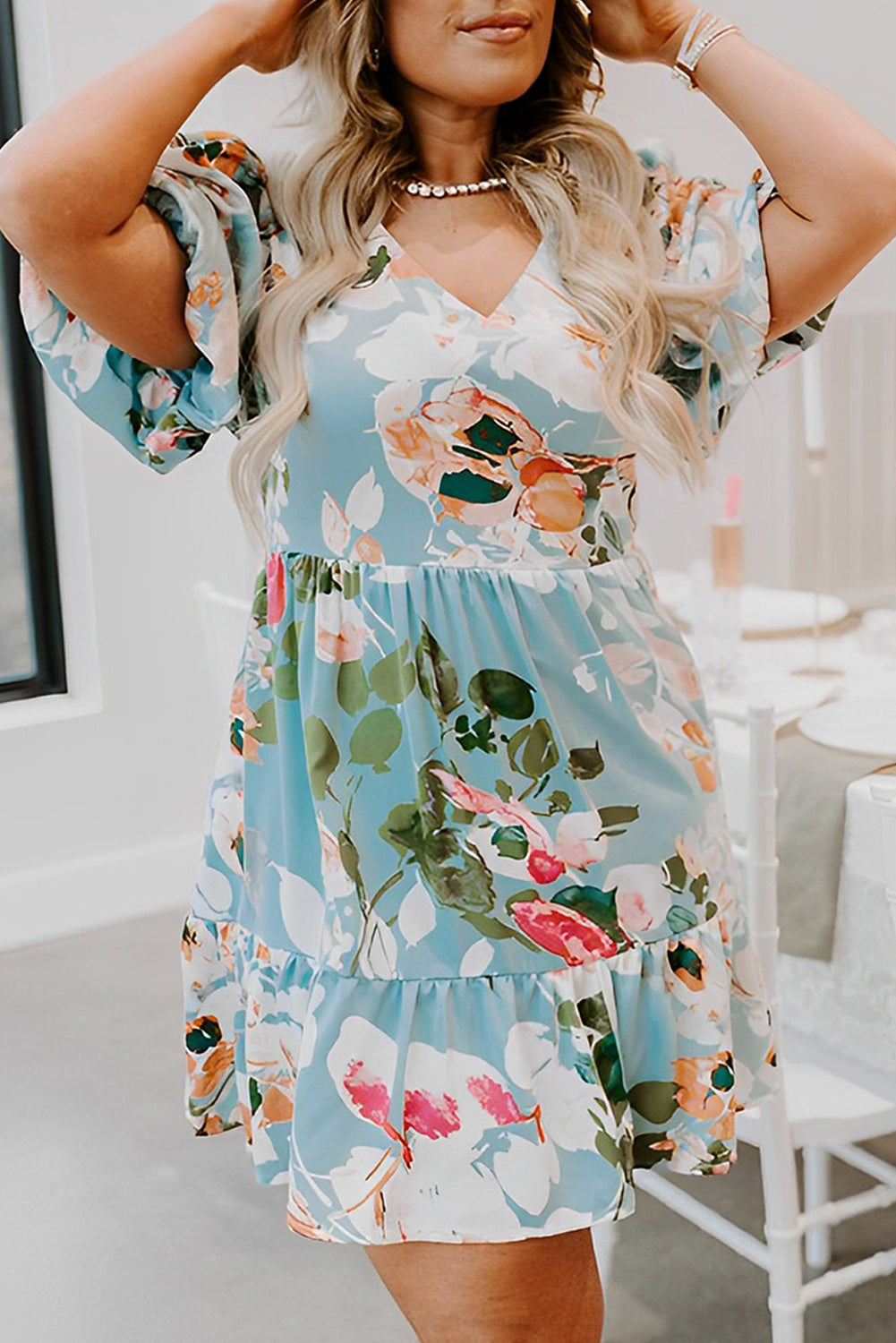 Floral Print Ruffled Puff Sleeve Plus Size Mini Dress