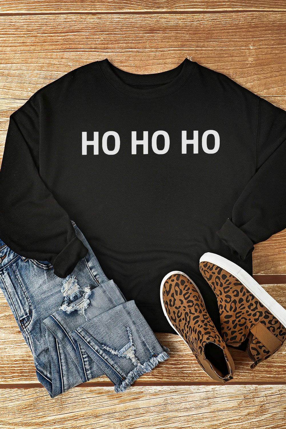 HO HO HO Glitter Print Long Sleeve Pullover Sweatshirt