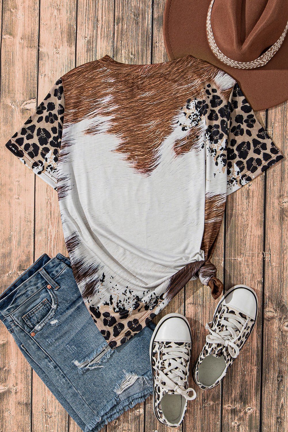 Chestnut Western Leopard Bleached Print Crew Neck T Shirt