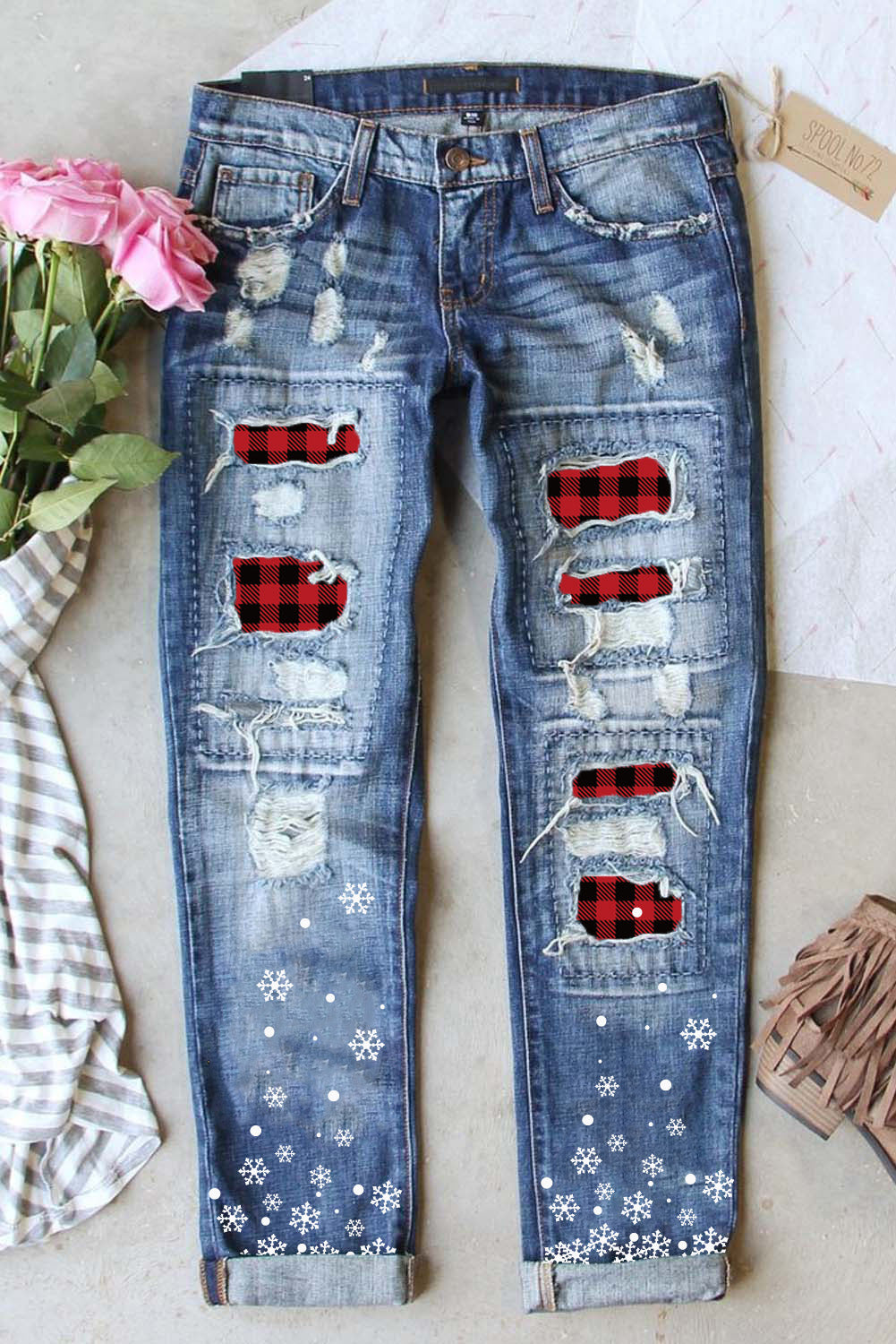 Buffalo Plaid Patch Christmas Snowflake Distressed Straight Jeans