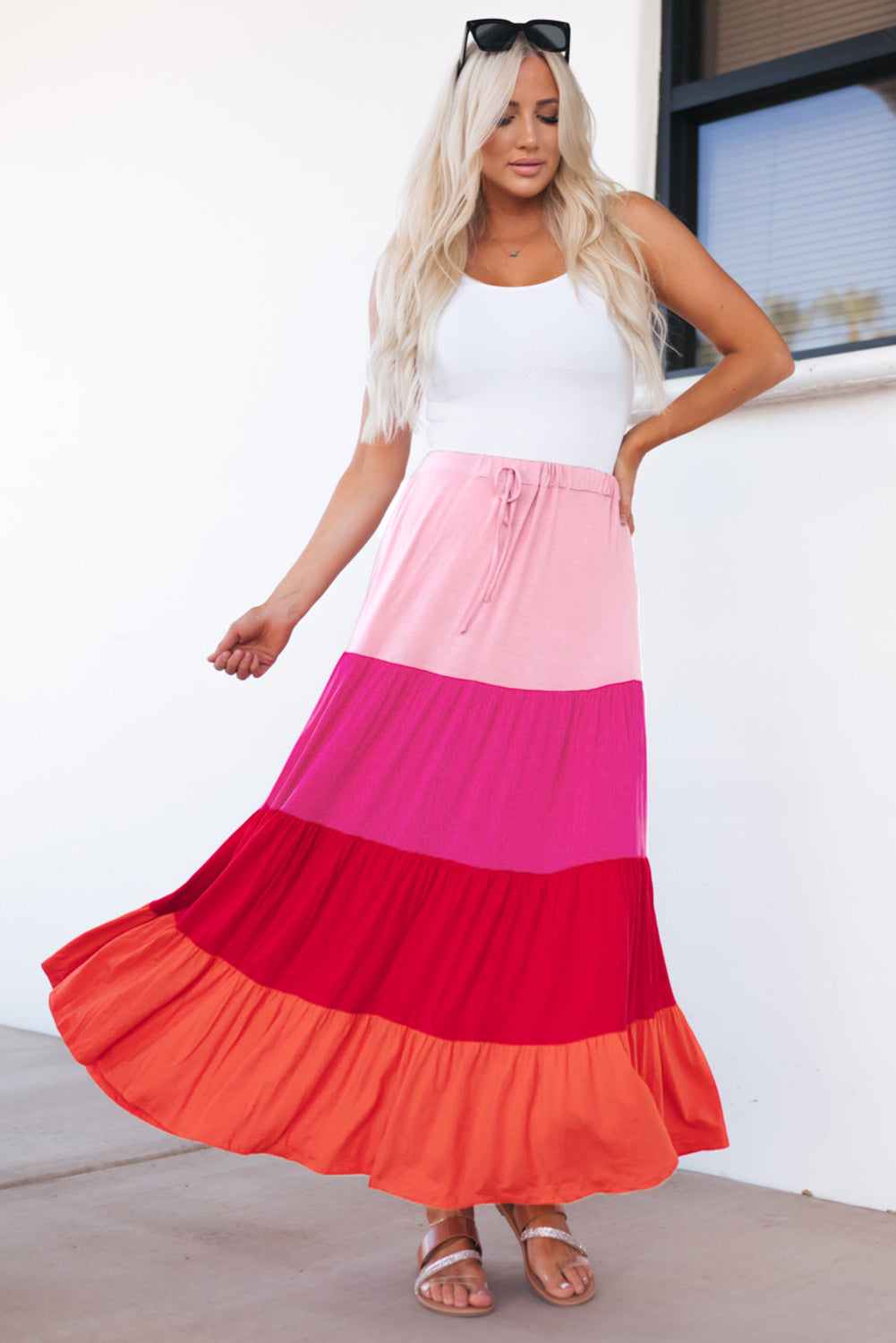 Color Block Tiered Drawstring High Waist Maxi Skirt