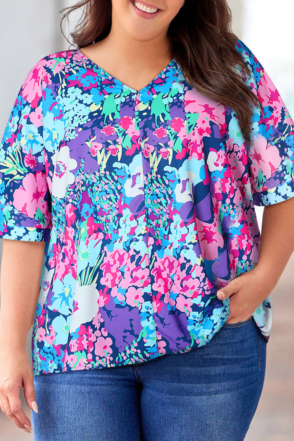 Multicolor V Neck Dolman Sleeve Plus Size Floral Blouse