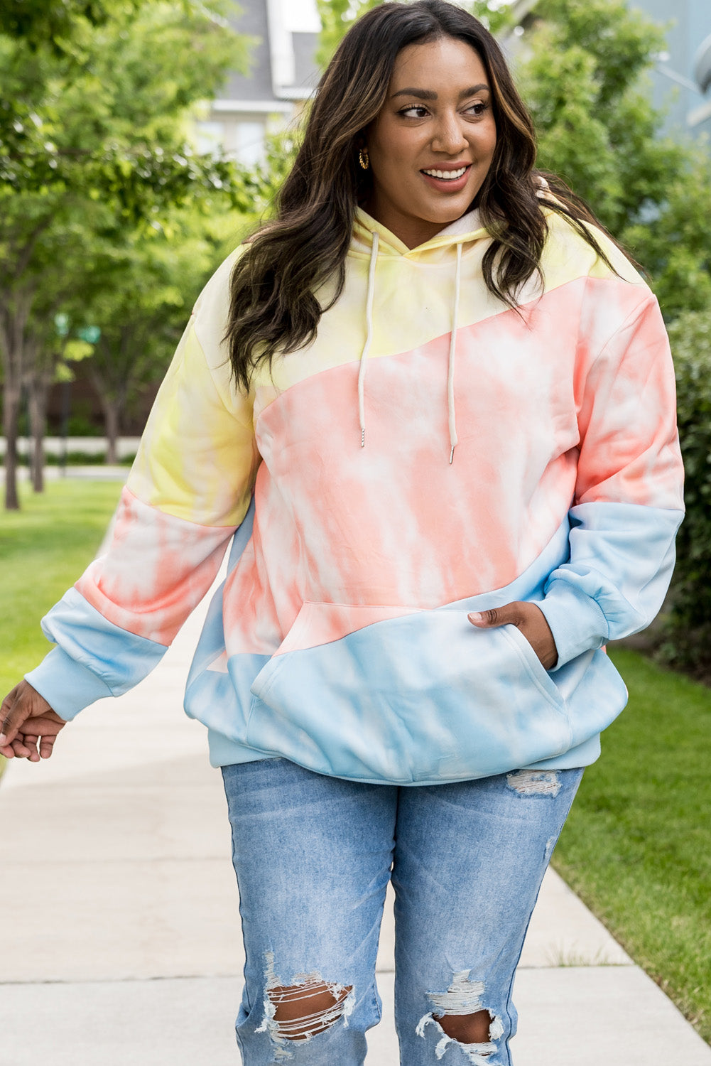 Sky Blue Colorblock Kangaroo Pocket Plus Size Hoodie