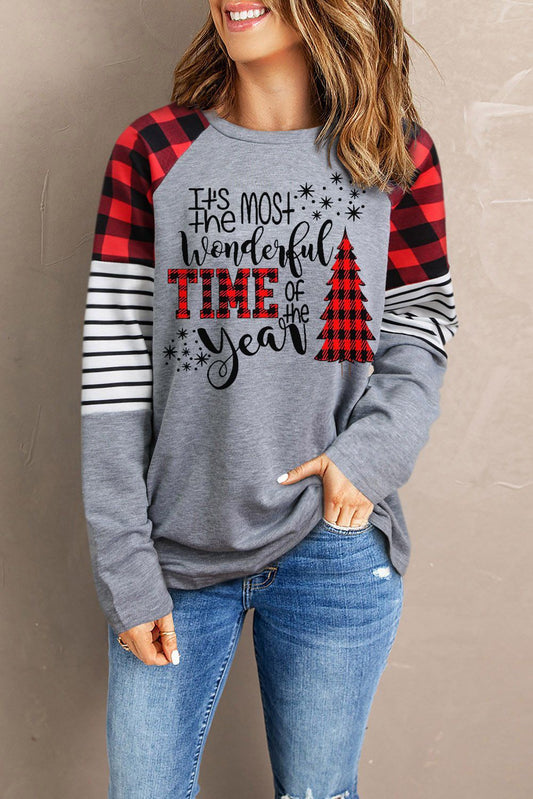 Christmas Graphic Print Plaid Striped Long Sleeve Top