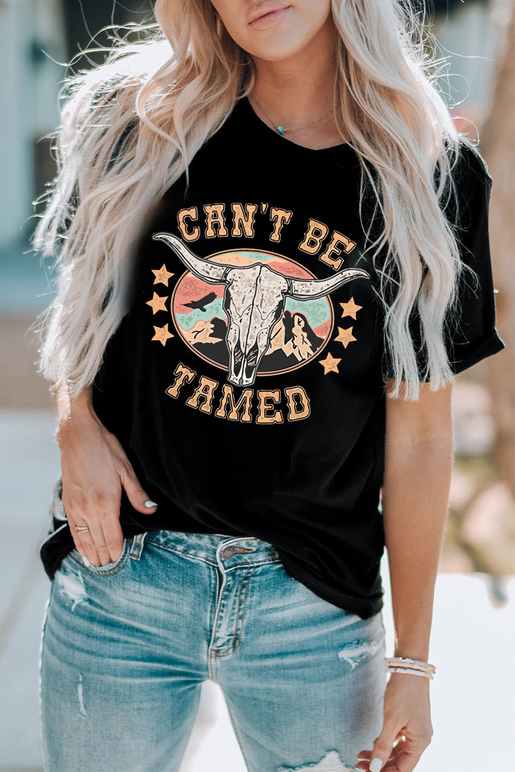 CAN'T BE TAMED Skull Western Graphic T Shirt