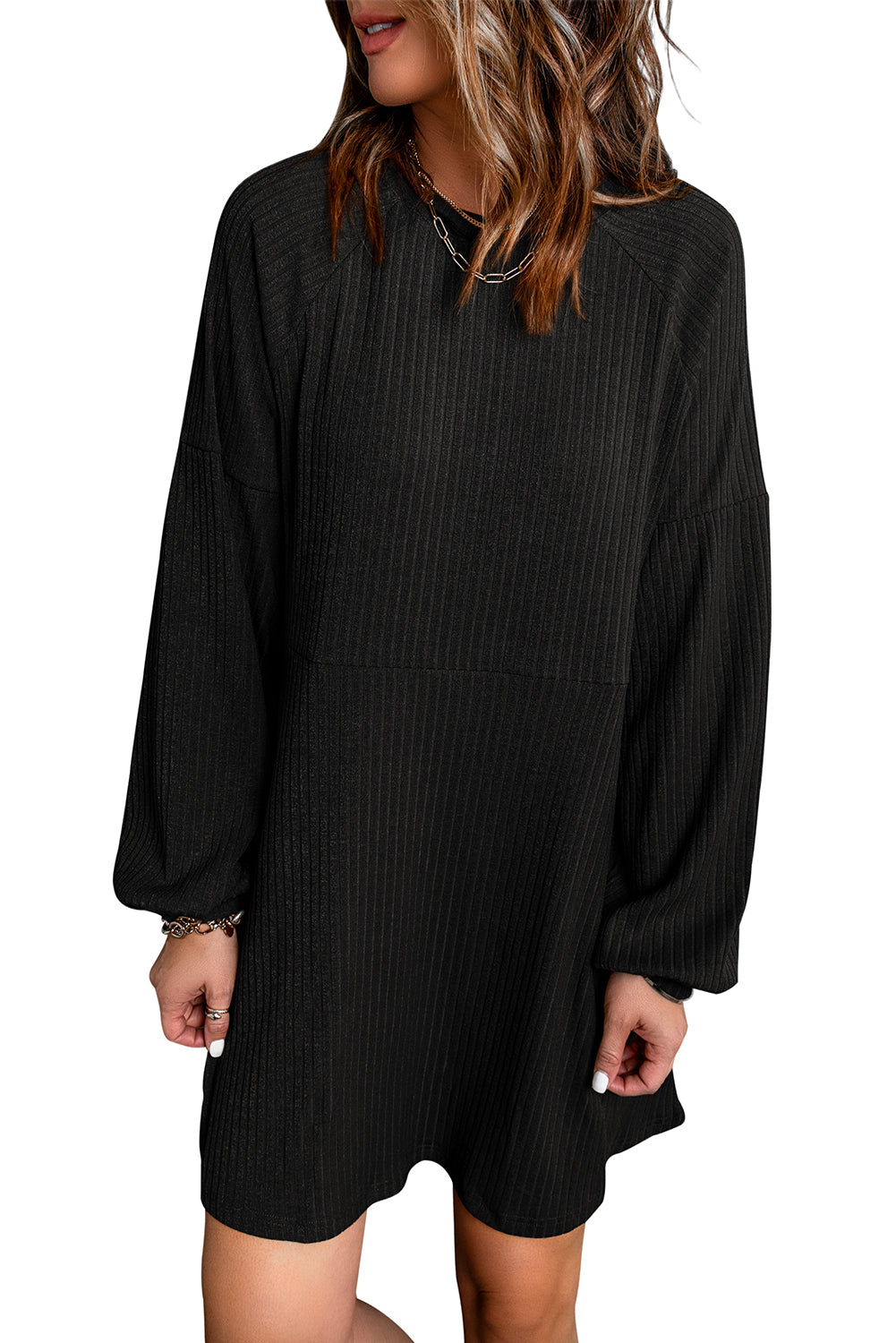 Black Round Neck Empire Waist Ribbed Knit Dress