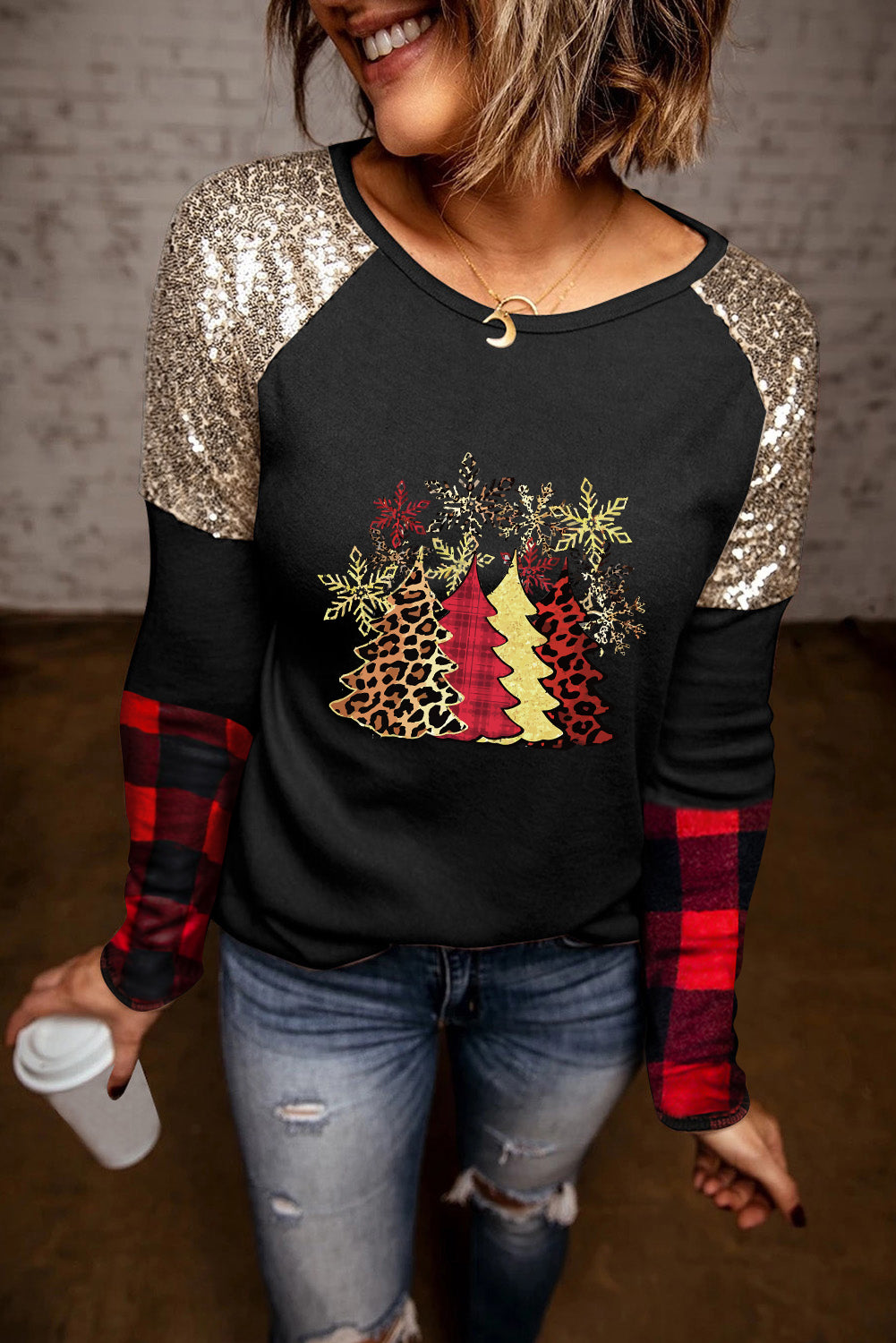 Christmas Tree Graphic Sequin Plaid Long Sleeve Top