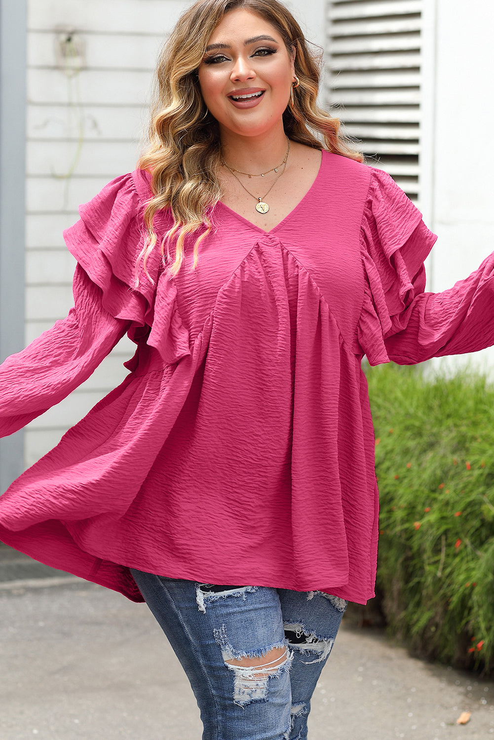 Pink Crinkle Ruffled V Neck Plus Size Blouse