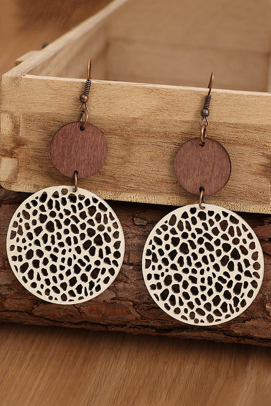 Beige Hollow Out Wooden Round Drop Earrings