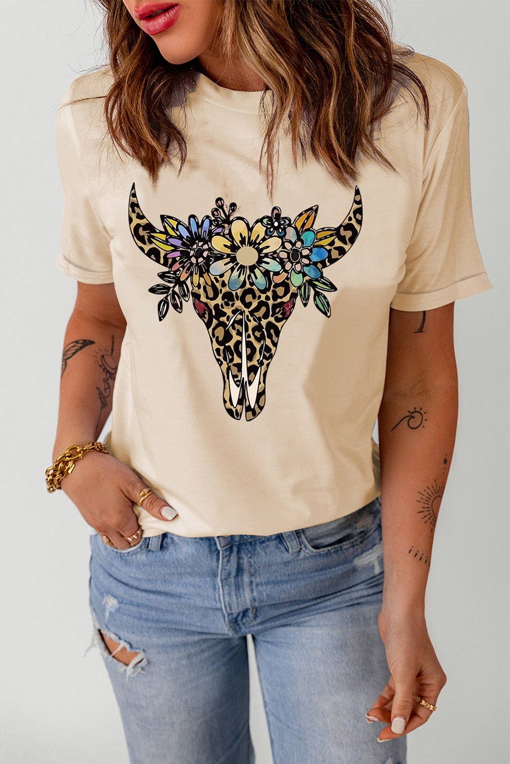 Khaki Leopard Cow Skull Graphic Print T Shirt