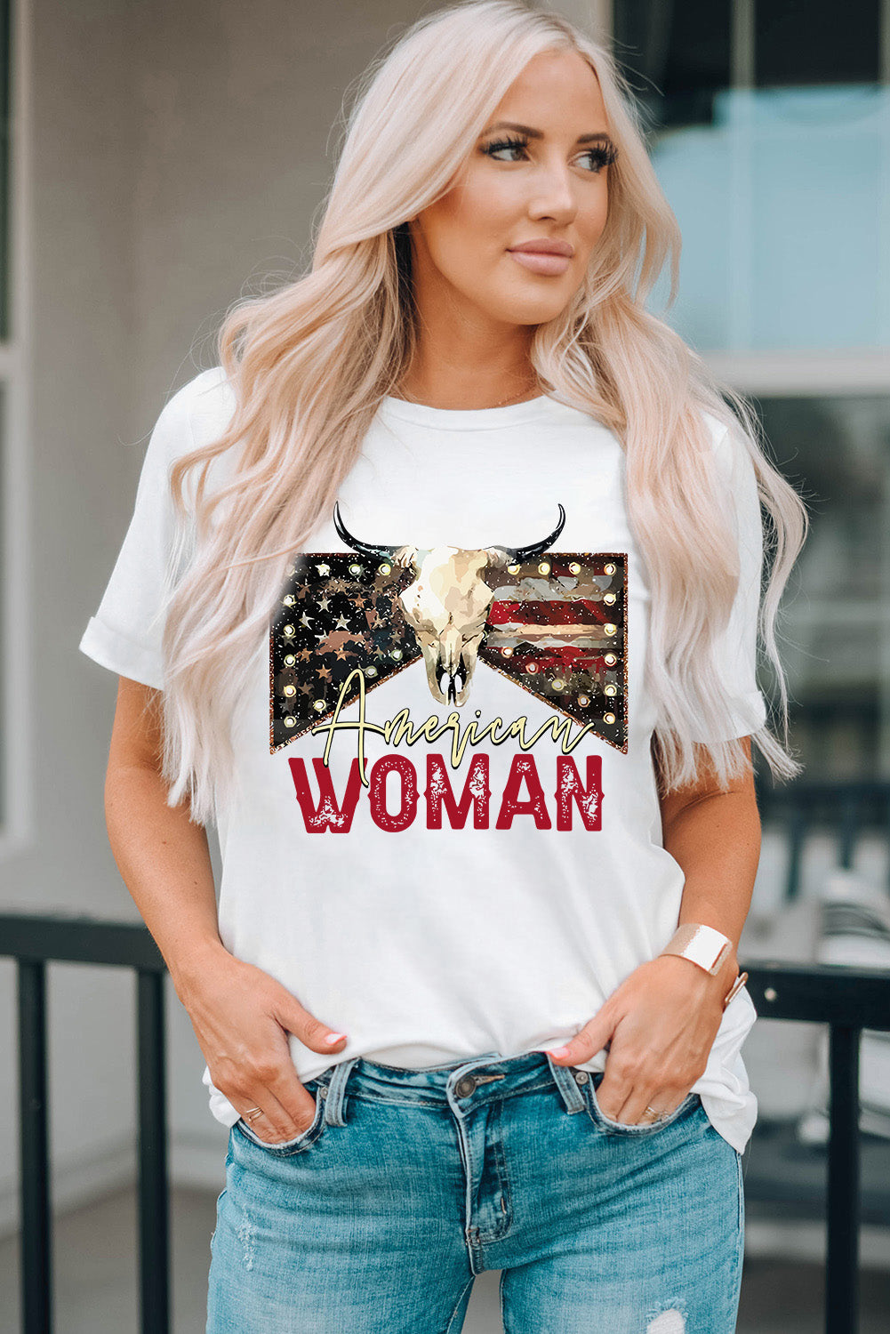 American Woman Cow Skull Print Graphic T Shirt