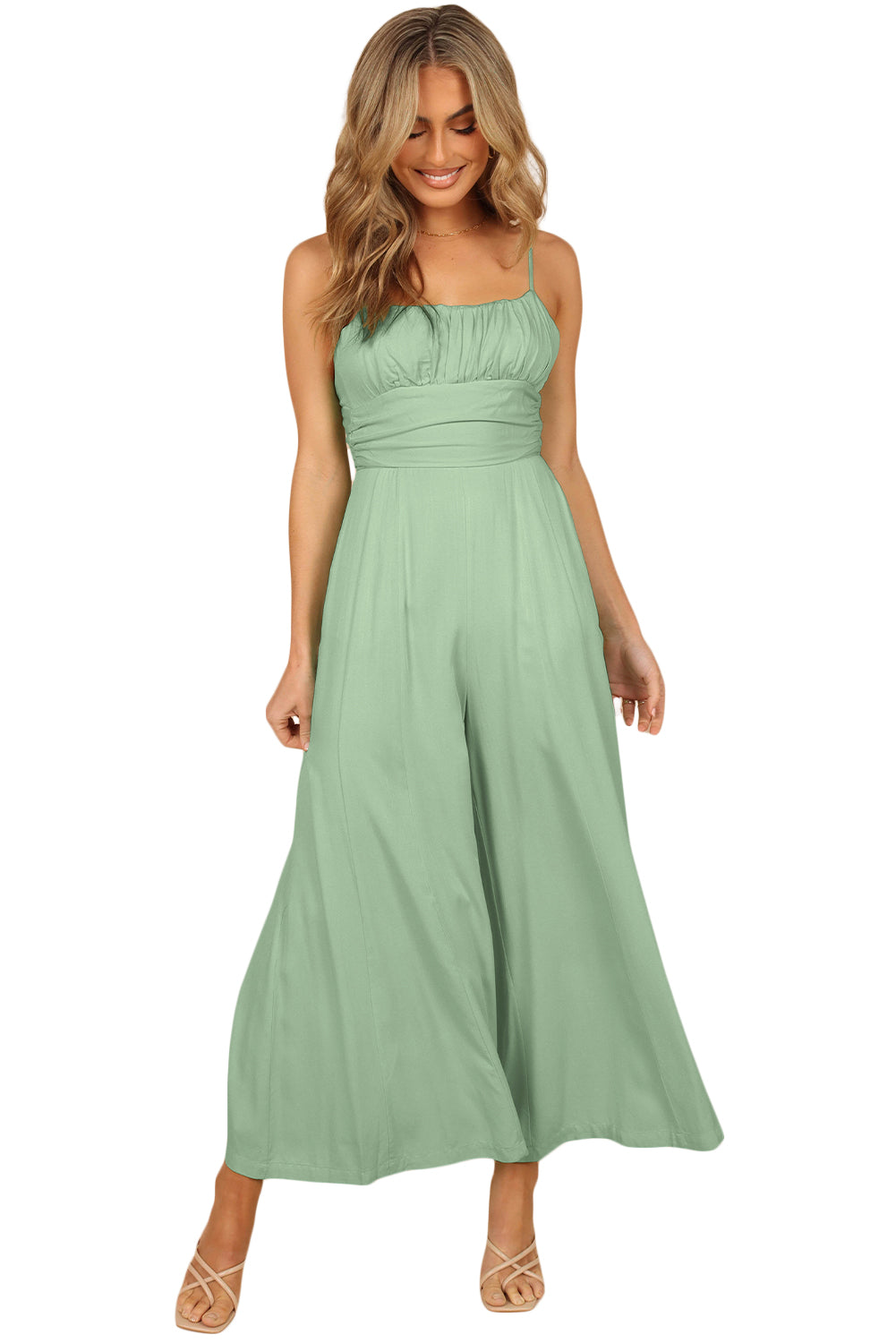 Green Spaghetti Straps Backless Knot Wide-Leg Jumpsuit