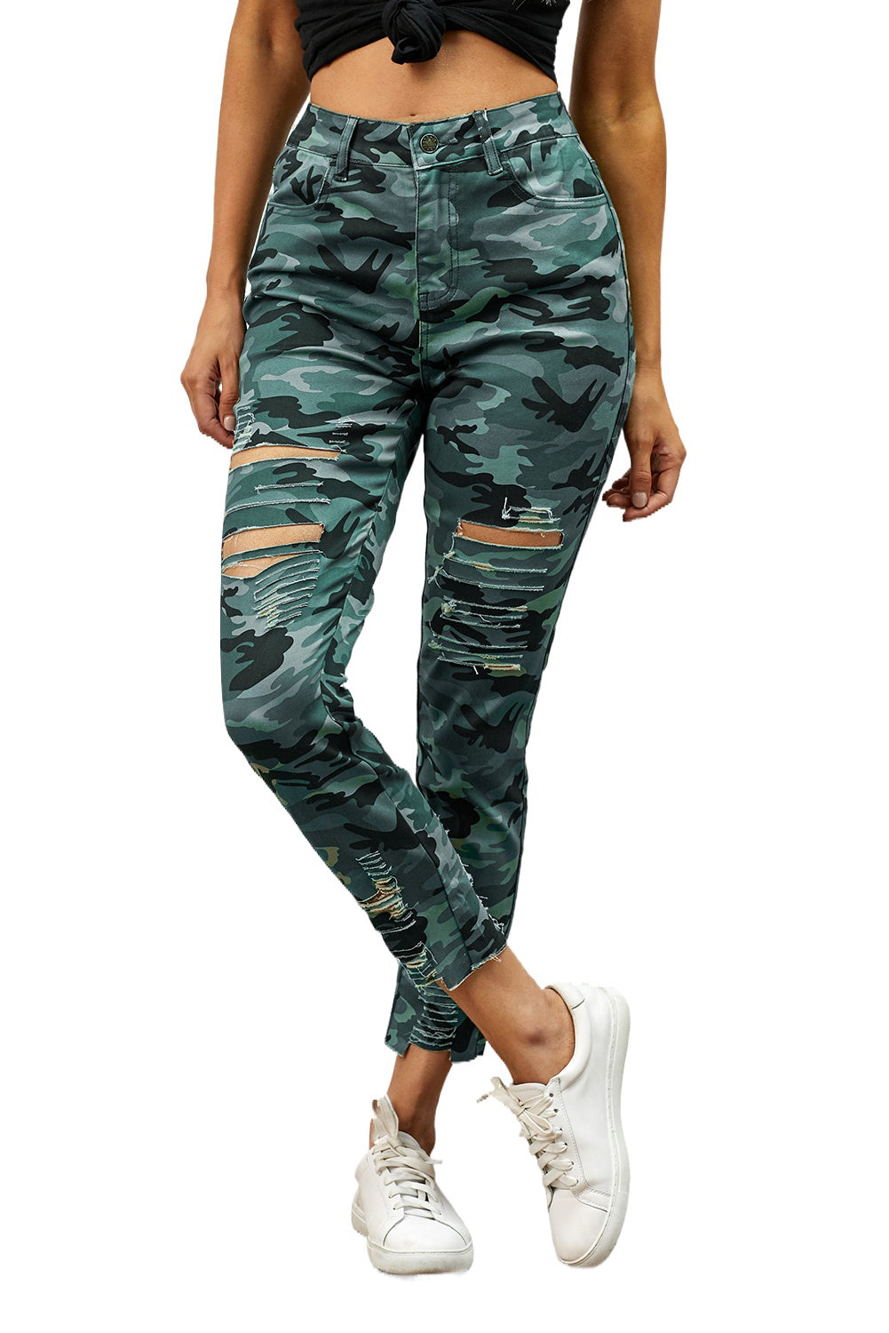 Green Camouflage Hollow out Skinny Jeans with Pocket