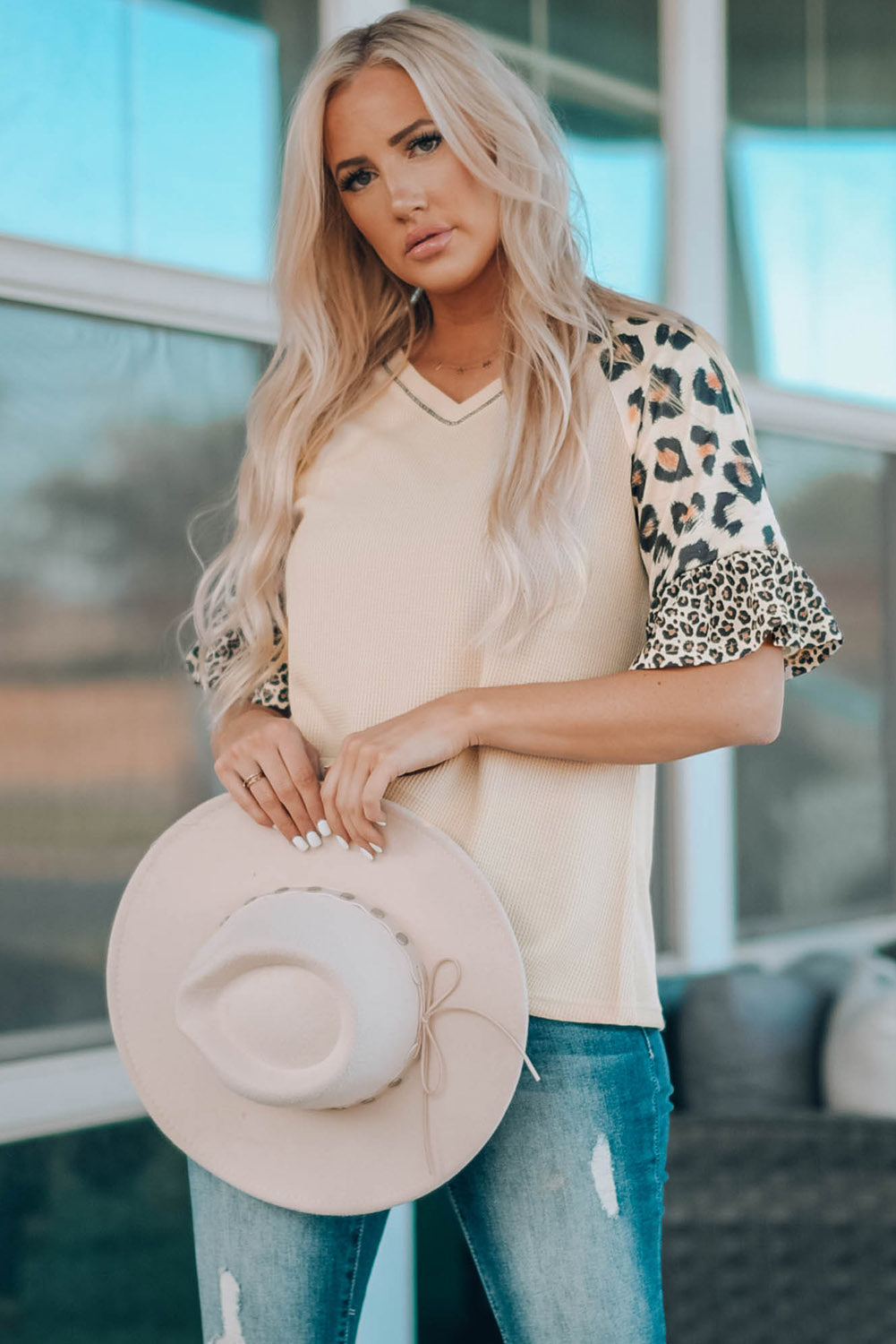 Mixed Leopard Ruffle Sleeve Waffle Knit Top