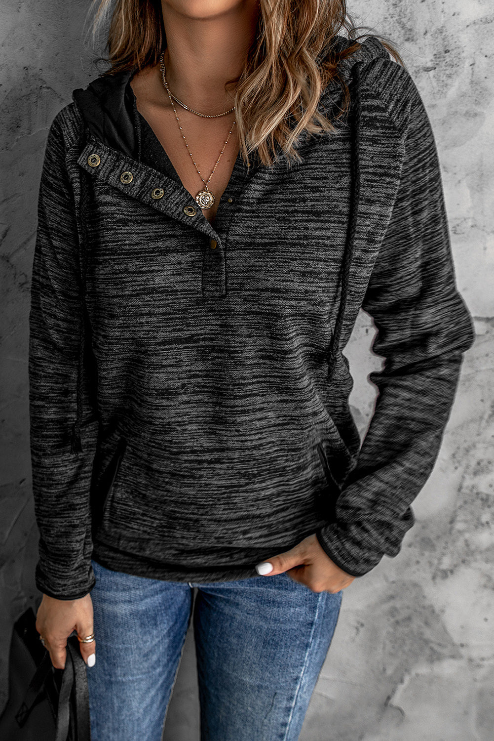 Black Heathered Print Button Snap Neck Pullover Hoodie